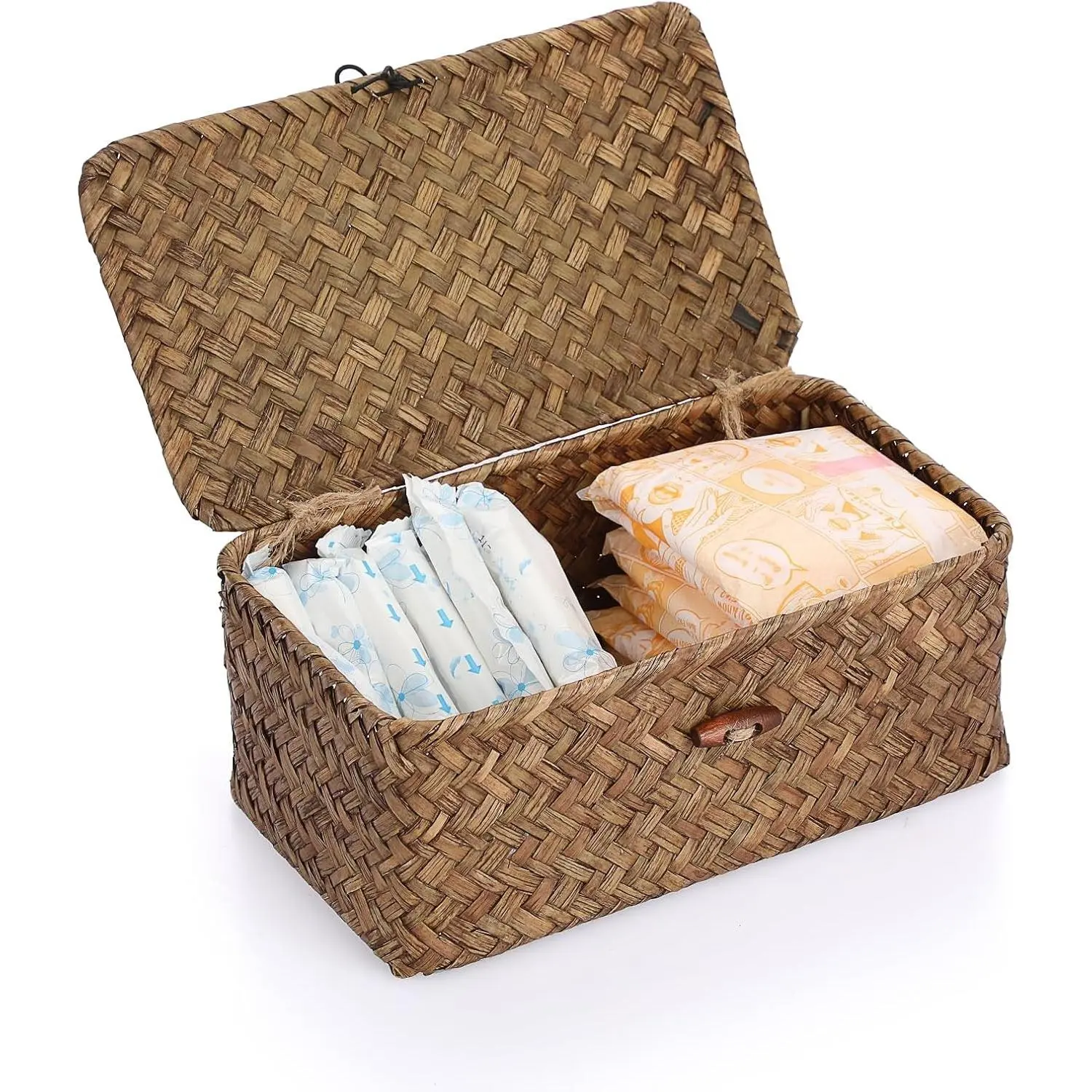 Small Wicker Basket with Lid Rectangle Woven Baskets for Toiletries Tampon Storage,Wicker Storage Basket with Lid,Decorative Seagrass Storage Baskets for Shelf Bathroom Toilet Table, Coffee