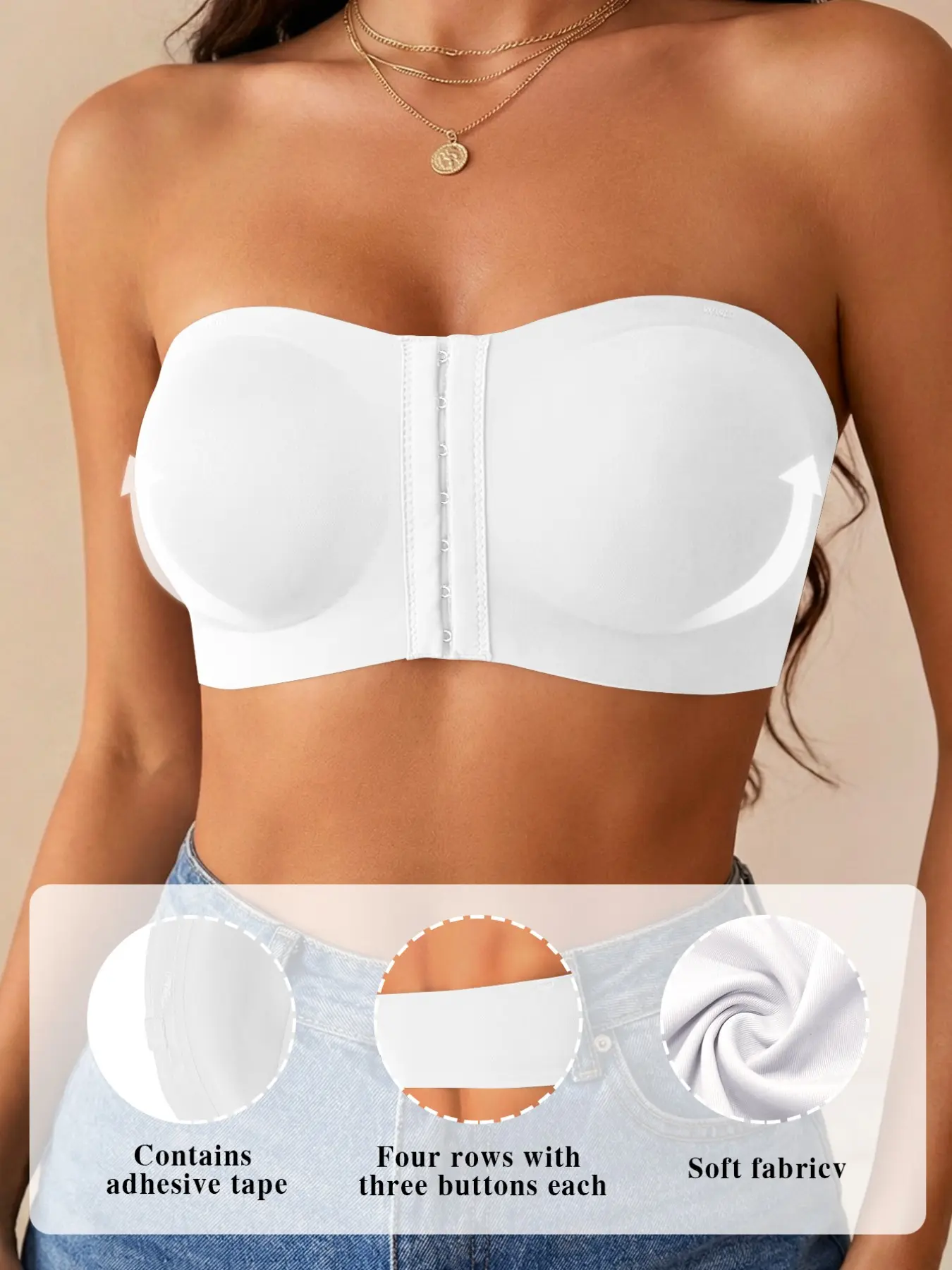 🔥 1 Pack Front Closure Jelly Anti-Slip Strapless Bandeau Bra, With Silicone Grips No Slip Down, Seamless Invisible With Removable Clear Straps Side Smoothing Lingerie