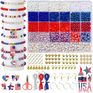 Goldwise 2958 Pcs 4th of July Red White and Blue Beads Bracelet Making Kit with Clay Beads Glass Seed Beads Tattoo Stickers, Patriotic Beads for Jewelry Making with Letter Beads and Charmsgift