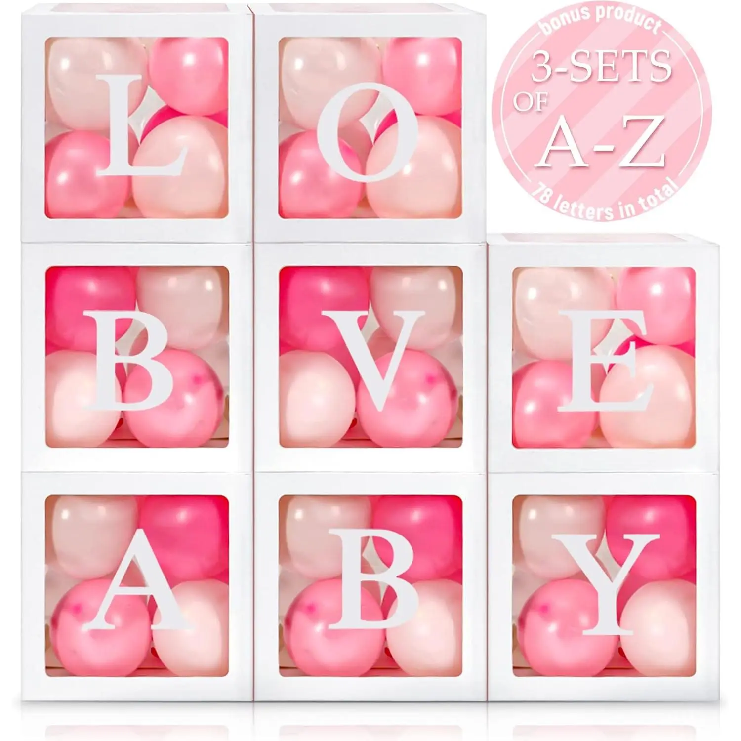 8 count Transparent Balloon Box with 78 Letters for  Shower 3 Sets of A-z Clear Balloon Box for  Birthday Bridal Wedding Decorations(White)