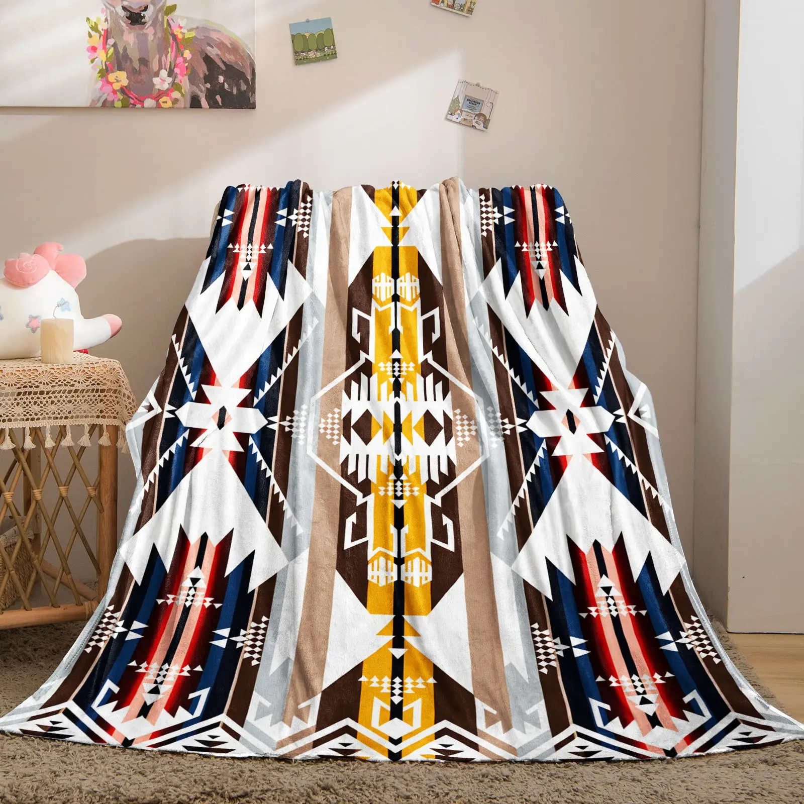 Navajo Southwest Indian Tribal Geometric Fleece Blanket for Teens & Adults, Soft Fabric, Multiple Colors Available, Ideal for Sofa, Bedroom & Travel, Perfect Gift
