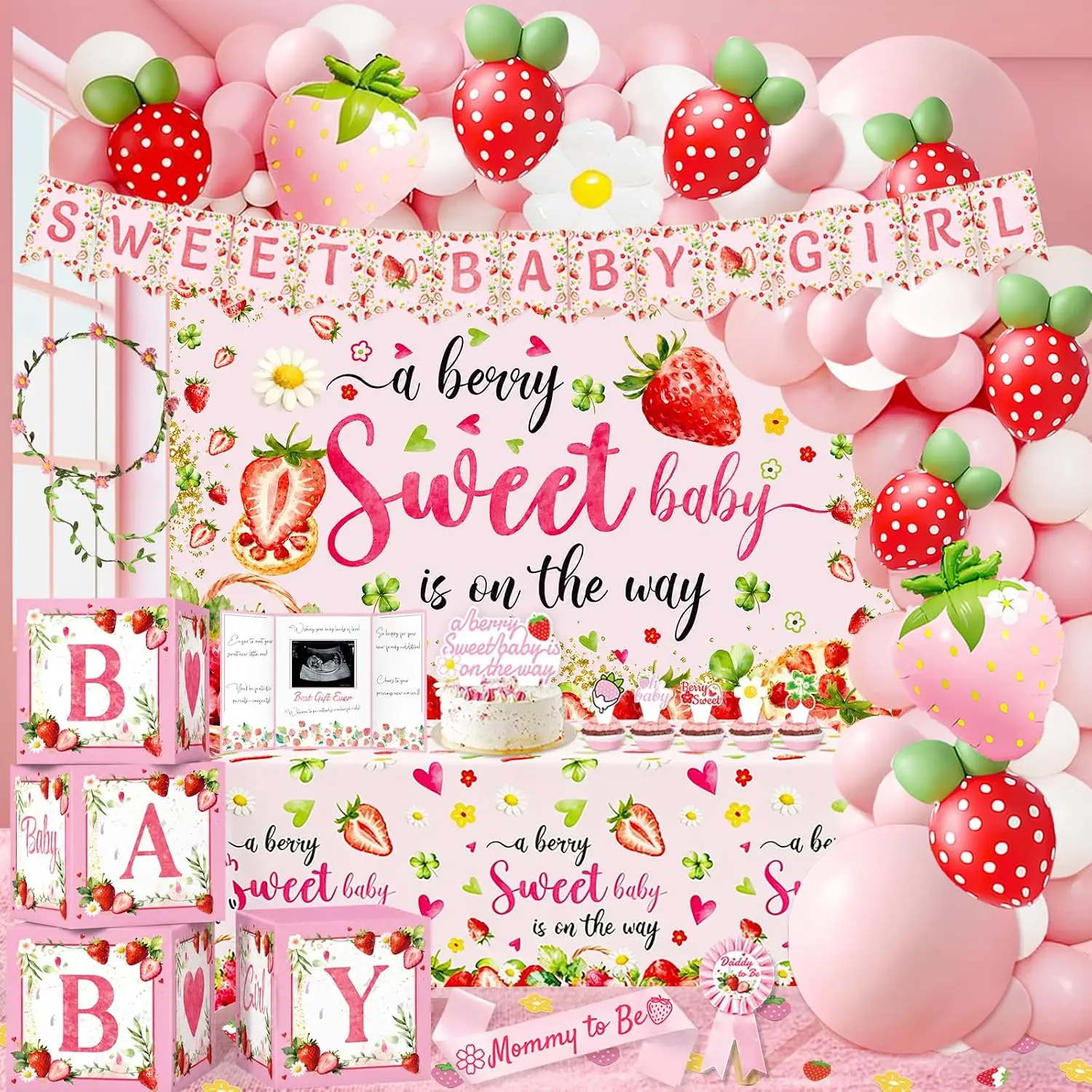 Strawberry  Shower Decorations for Girl, A Berry Sweet  Is  the Way Party Supplies, It' Girl  Backdrop Balloon Arch Box Tablecloth Mom to Be Sash Dad Pin Cake Topper Confetti