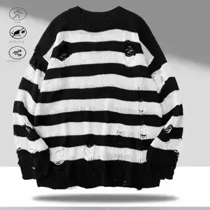Men's Striped Holey Round Neck Long Sleeve Pullover Top - Casual Versatile Slimming Design, Timeless Red and Black Colorway, Practical Easy-to-Match Knitwear
