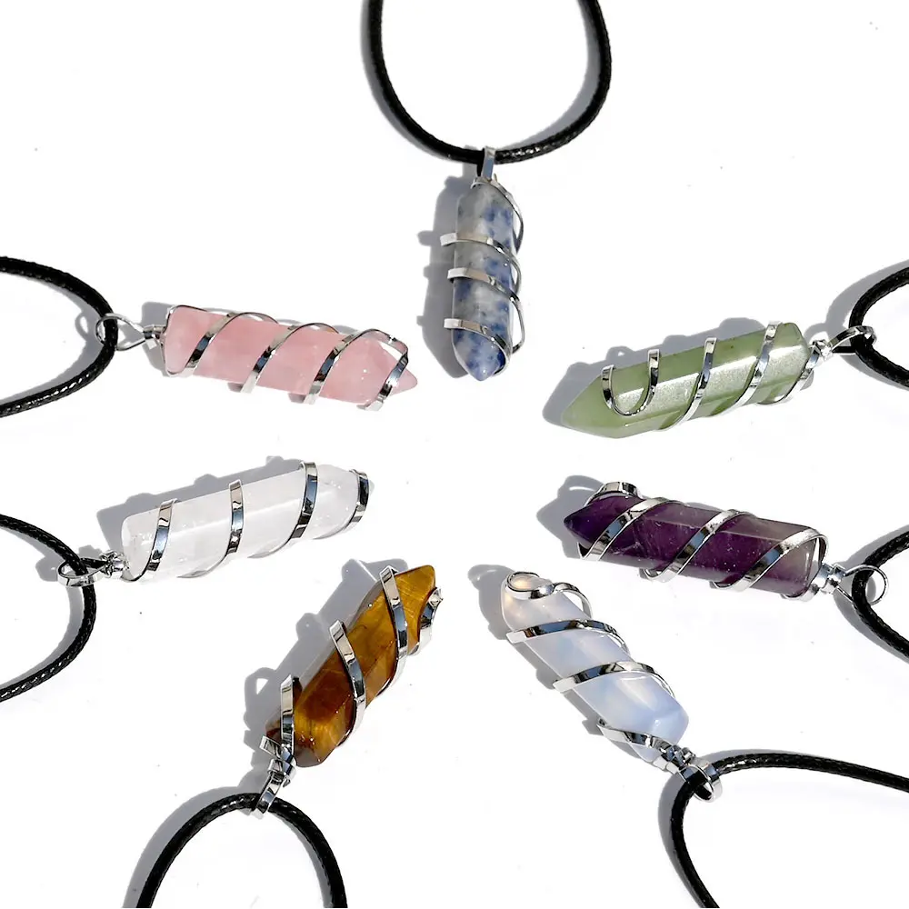 Hexagonal Wire-Wrapped Crystal Pendant Necklace, Natural Gemstone Healing Jewelry for Manifestation, Protection
