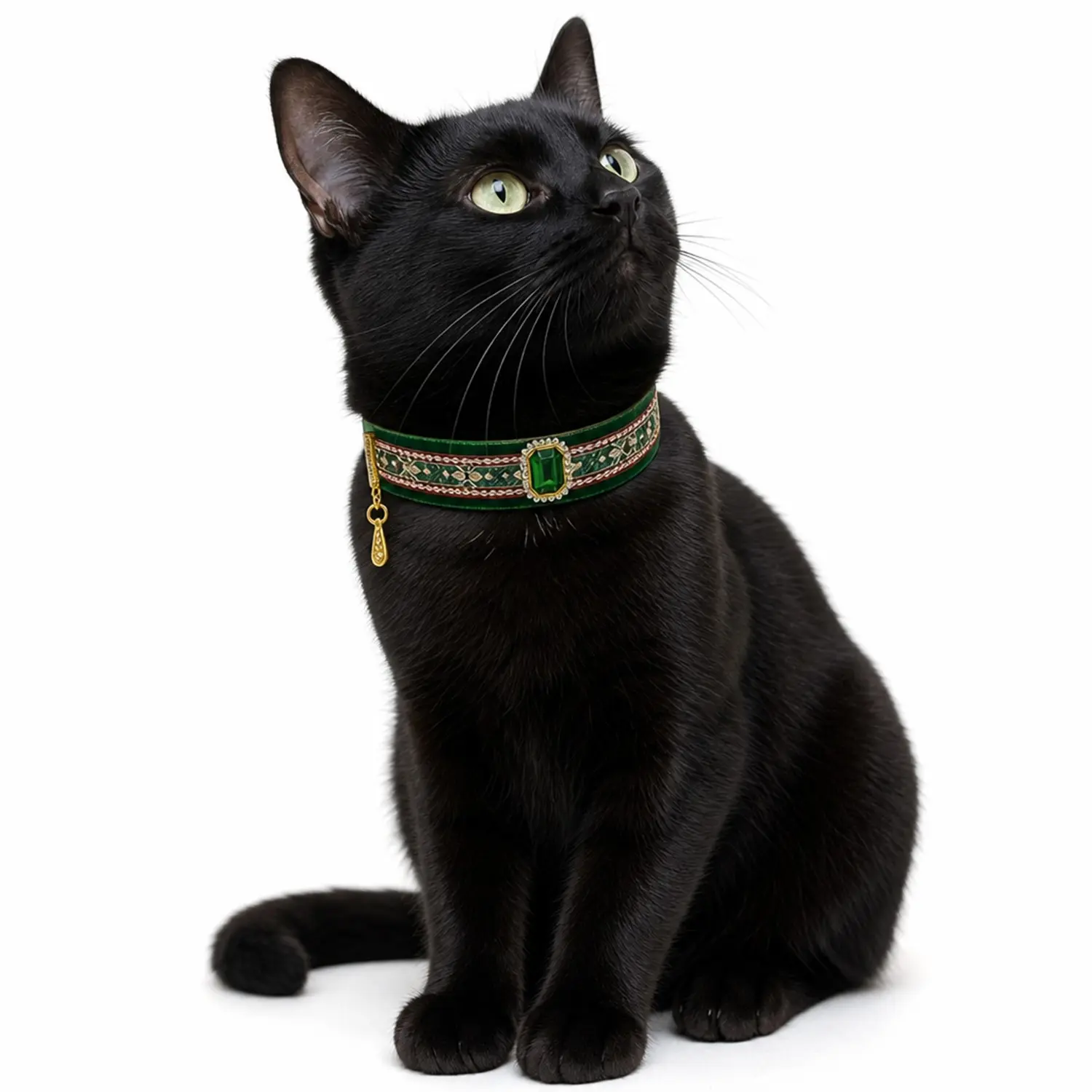 Vintage Emerald Pet Collar for Cats, Chinese-Inspired Brocade Jewelry Collar, Rhinestone Gem Pendant, Luxury Green Velvet Adjustable Cat Necklace, Elegant Oriental Style Kitten Collar for Festivals, Cosplay and Photos