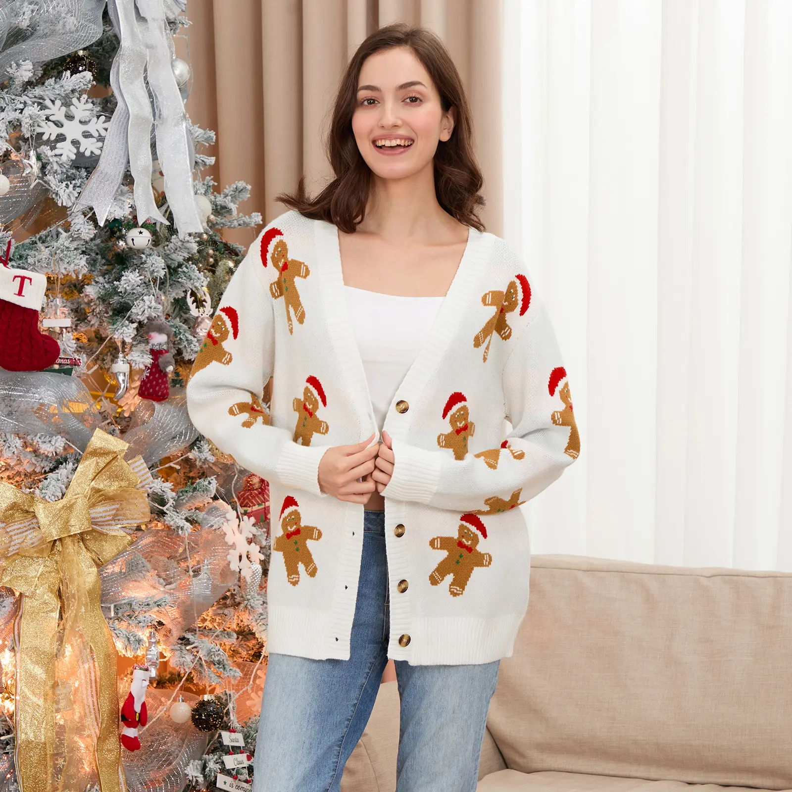 Women's Christmas Cardigan Gingerbread Man Pattern Button-front Long Sleeve V-Neck Ribbed Knitted Sweaters