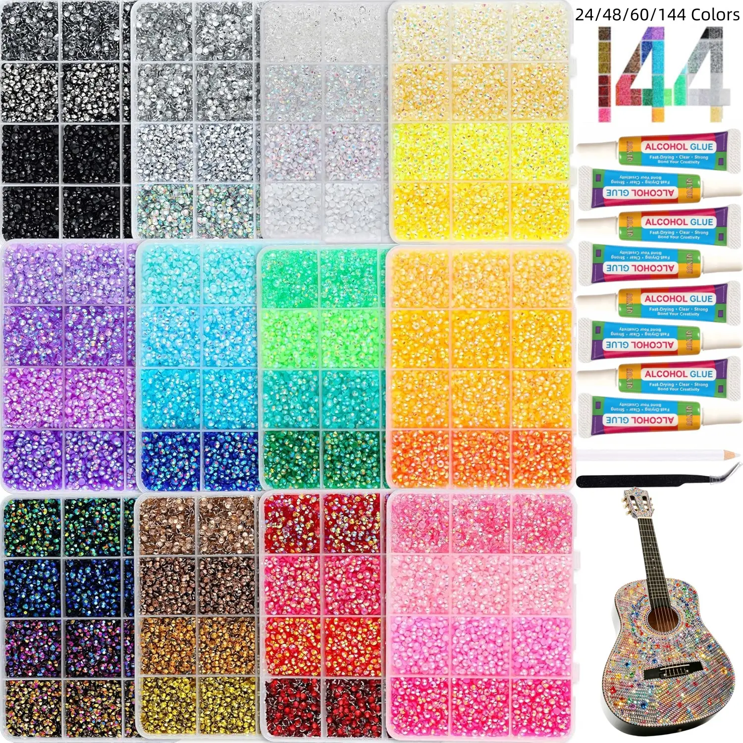 24/48/60/144-Color Resin Rhinestones for Crafting with Tweezers, Assorted 3mm Non-Hotfix Flatback Gems, Sparkling Crystals for Clothing, Tumblers, Mugs, Shoes, Fabric Decor, Art Creation Supplies, Rhinestones Glitter, Shining Rhinestone