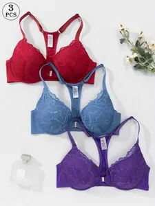 3pcs Women's Lingerie Set, Lace Front Buckle Bra, Underwire Medium Support, Boho Style, All Seasons, Fitted, Lined, 3/4 Coverage