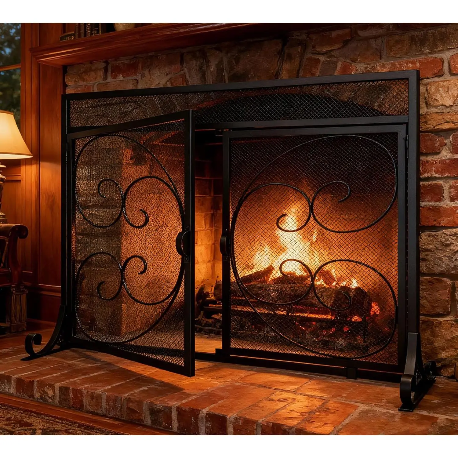 Flat Fireplace Screen with Hinged Doors Handcrafted Wrought Iron Classical Scroll Durable Metal Mesh Decorative Free Standing Fireplace Spark Guard- Black