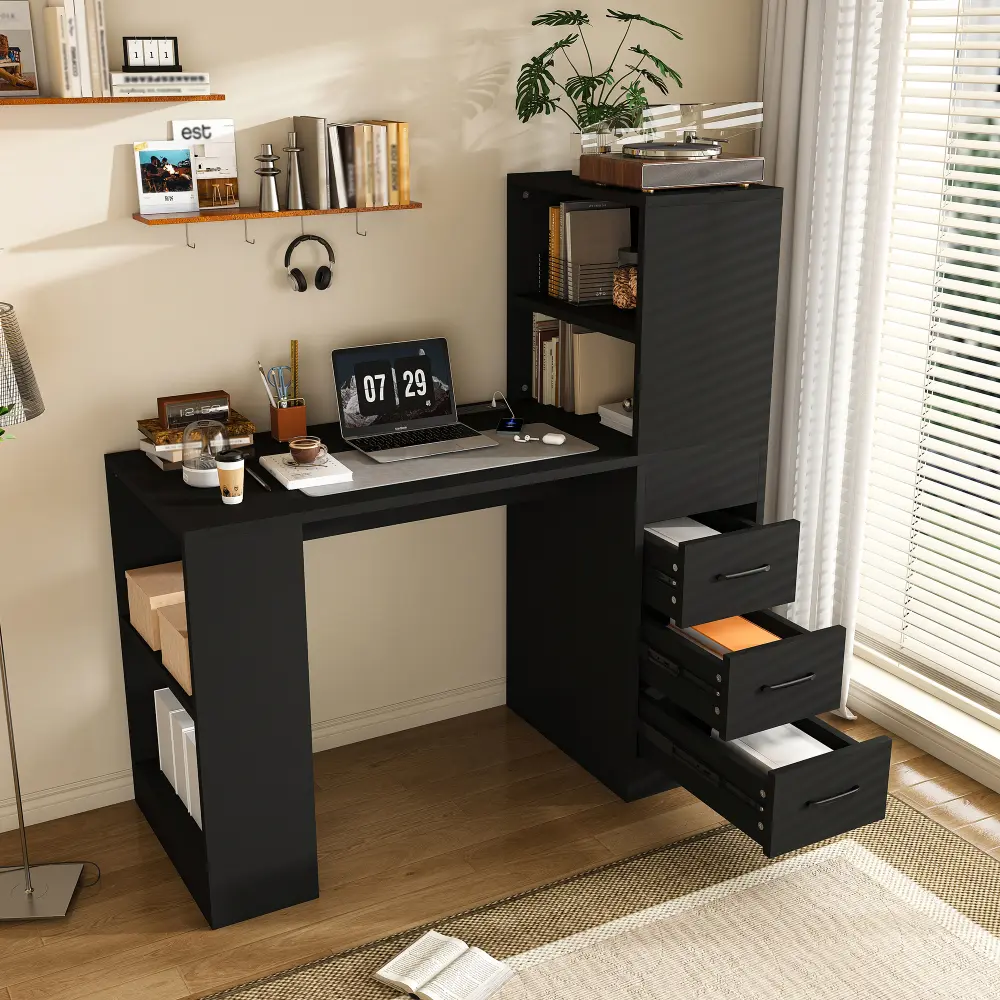 Littleox Black Computer Desk with 4-in-1 Socket, the Desk with 3 Slide Drawers and 4 Storage Levels, the Wooden Desk is Suitable for a Variety of Places