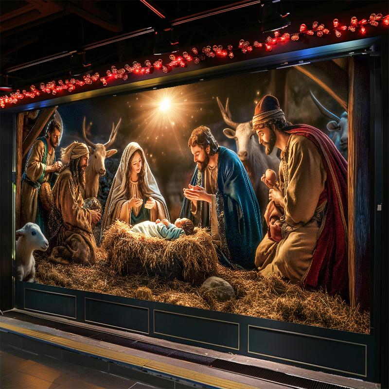 1 religious character nativity scene garage door banner Large polyester tapestry with Mary and Joseph outdoor holiday decoration, perfect for holiday and party atmosphere poinsettia artificial