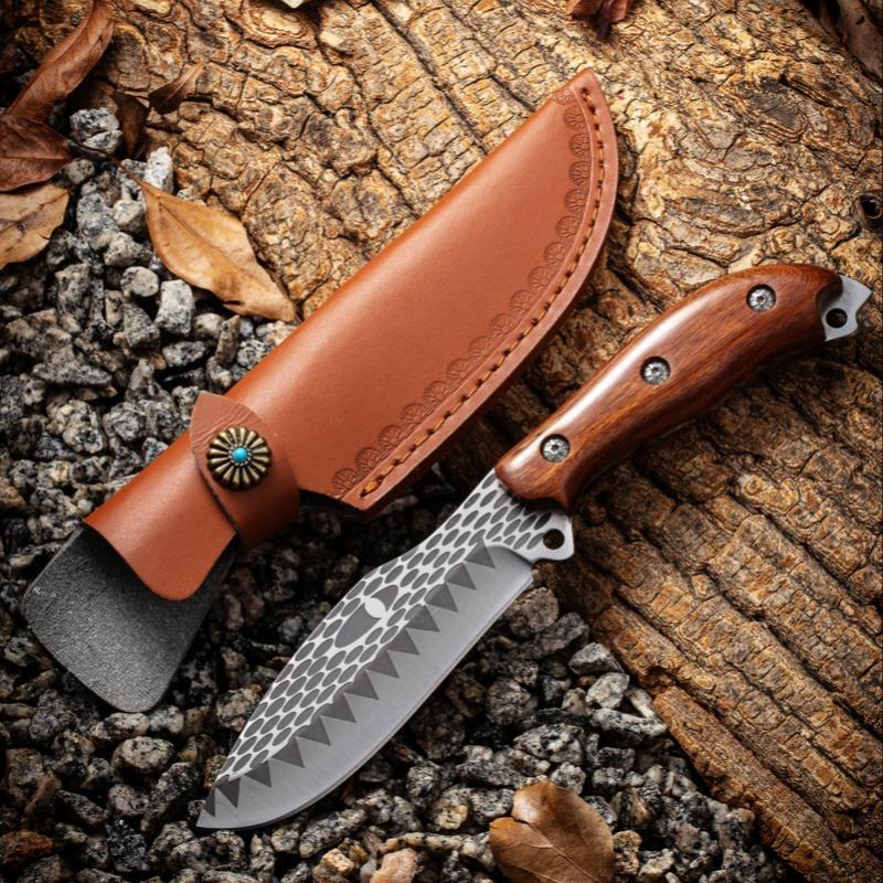 Damascus Pattern Stainless Steel Knife, Outdoor Knife with Sheath, Multifunctional Knife for Outdoor Camping, Picnic, Kitchen Knife