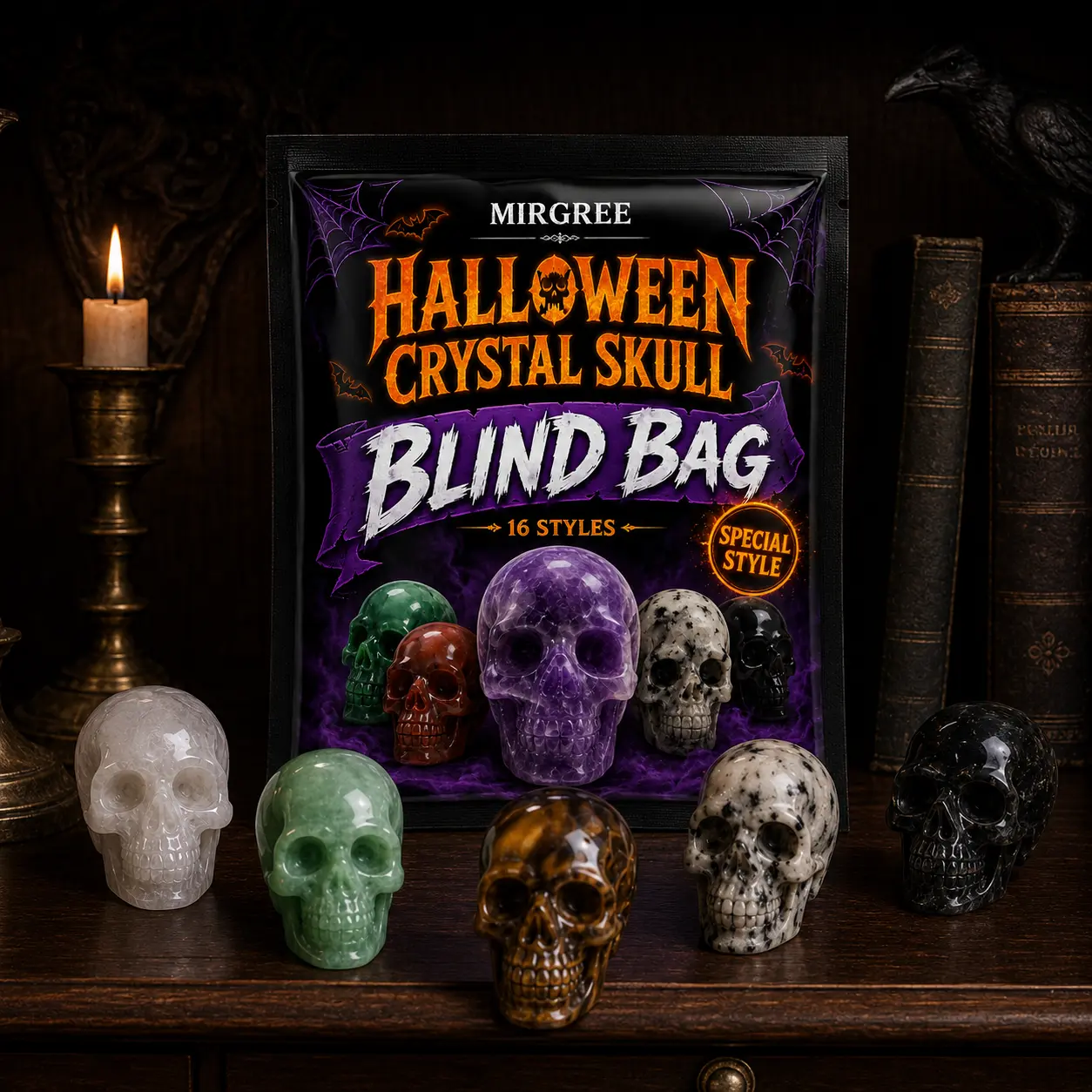 MIRGREE Random 1/3/5/9PC Halloween Crystal Skull Blind Bag, 16 Collectible Stone Chip Figurine Styles with Special Hidden Design, Spooky Desktop Ornament, Styles May Vary