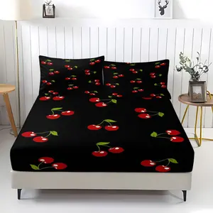 3-Piece Set Of Black Background Red Cherry Illustrated Bed Sheets With Comfortable Printed Patterns, Including 1 Bed Sheet And 2 Pillowcases, Comfortable Bedding, Anti Slip Dust Cover Suitable For Couples' Bedrooms, Suitable As a Gift