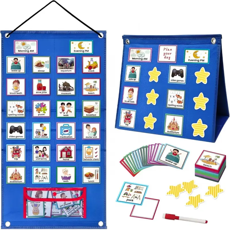 1PC Autism Visual Schedule Board - 3-in-1 Daily Routine Chart with Cards, Hanging/Stand, Reward Stars (Home/School)