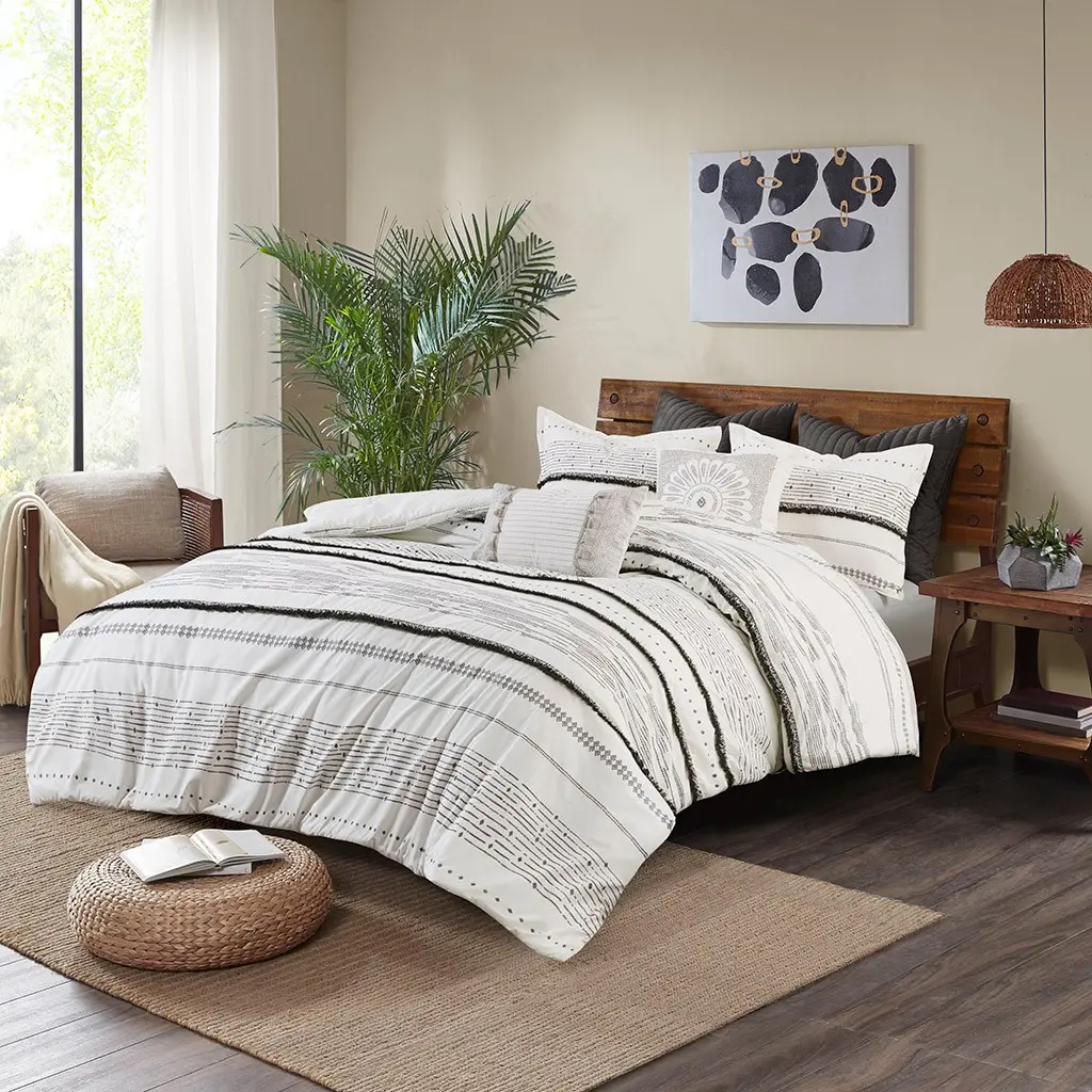 Nokaa Cotton Printed Comforter Set with Tassels and Stripes – King Size Boho Bedding Set for Master Bedroom, Guest Room, All Season Use, 1 Comforter + 2 Shams, Black/White
