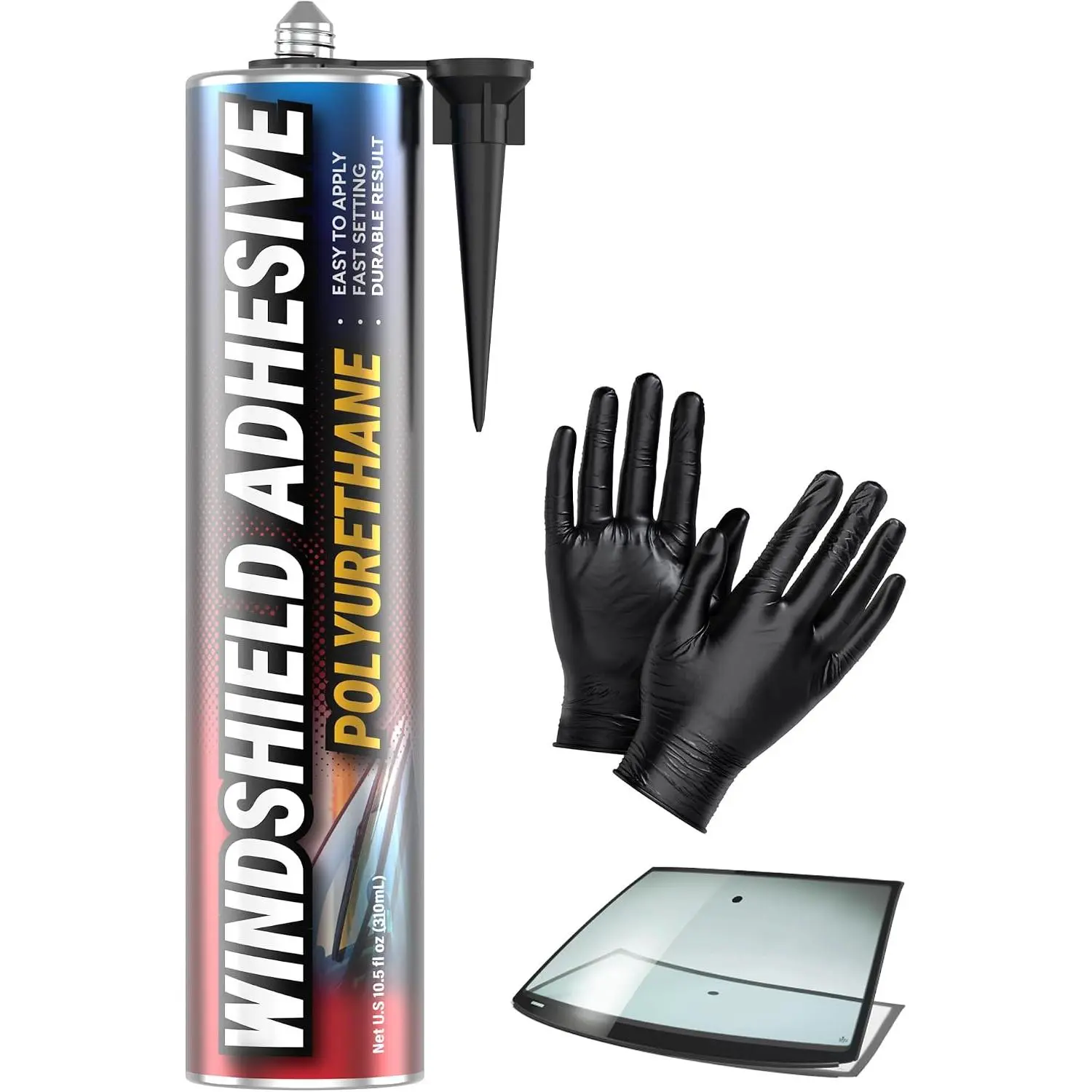 Urethane Windshield Adhesive - Quick Curing & Weather Resistant Auto Glass Adhesive, Vertical & Overhead Application, Windshield Repair Kit with Gloves, Applicator Tip &  - 310ml Black