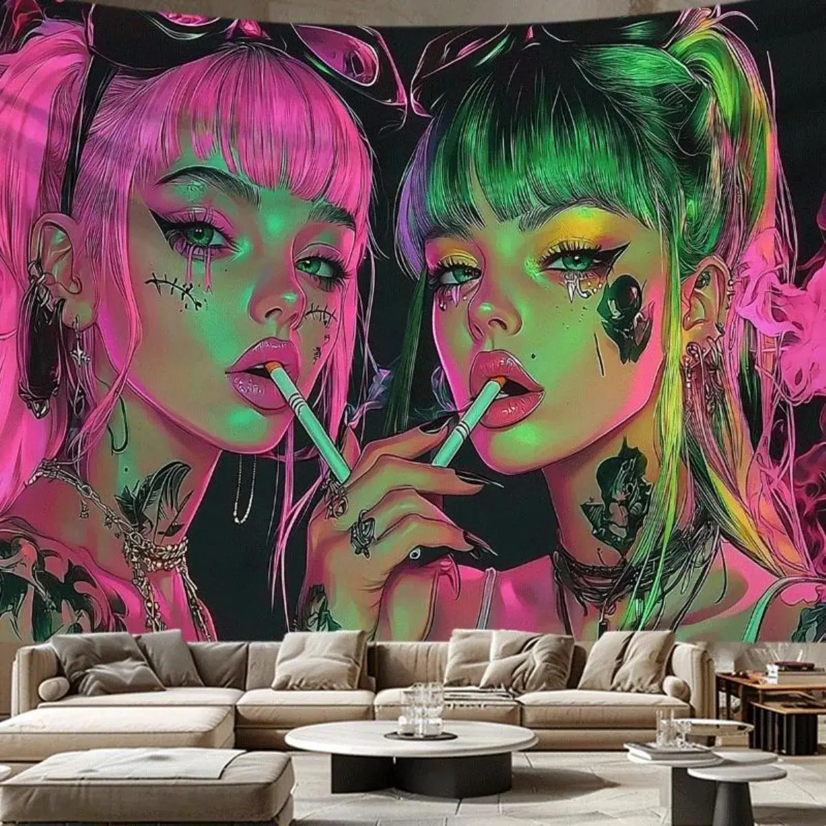 Cyberpunk Neon Dual Female Figures Tapestry - Lightweight Home Supplies Hanging Photo Backdrop, Happy Birthday Party Decor, Living Room Sofa Wall Art
