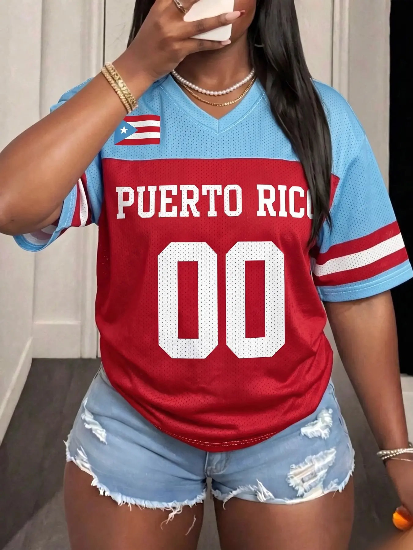 Women's Puerto Rico Flag Print Mesh Football Jersey, Y2K Sporty Summer Clothes Women, Color Block V Neck Short Sleeve Oversized Tee, Breathable Lightweight Mesh Top for Streetwear, Beach & Casual Daily Outing, 2026 Trendy Athletic Summer Layering Shirt