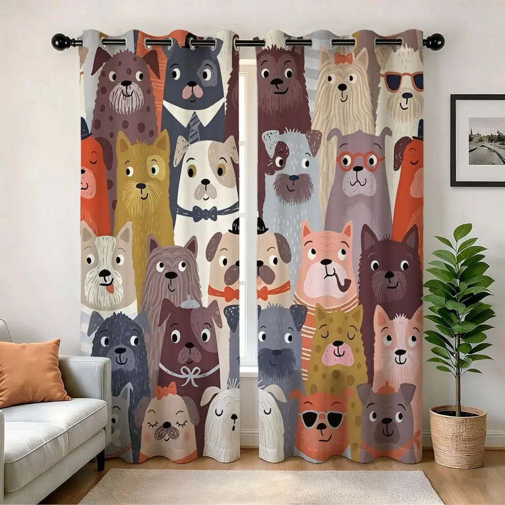Digital Print Semi-Sheer Drapes, Retro Cartoon Puppy Pattern, Quick Install Polyester Curtains, Home Decor for Living Room, Bedroom, Classroom