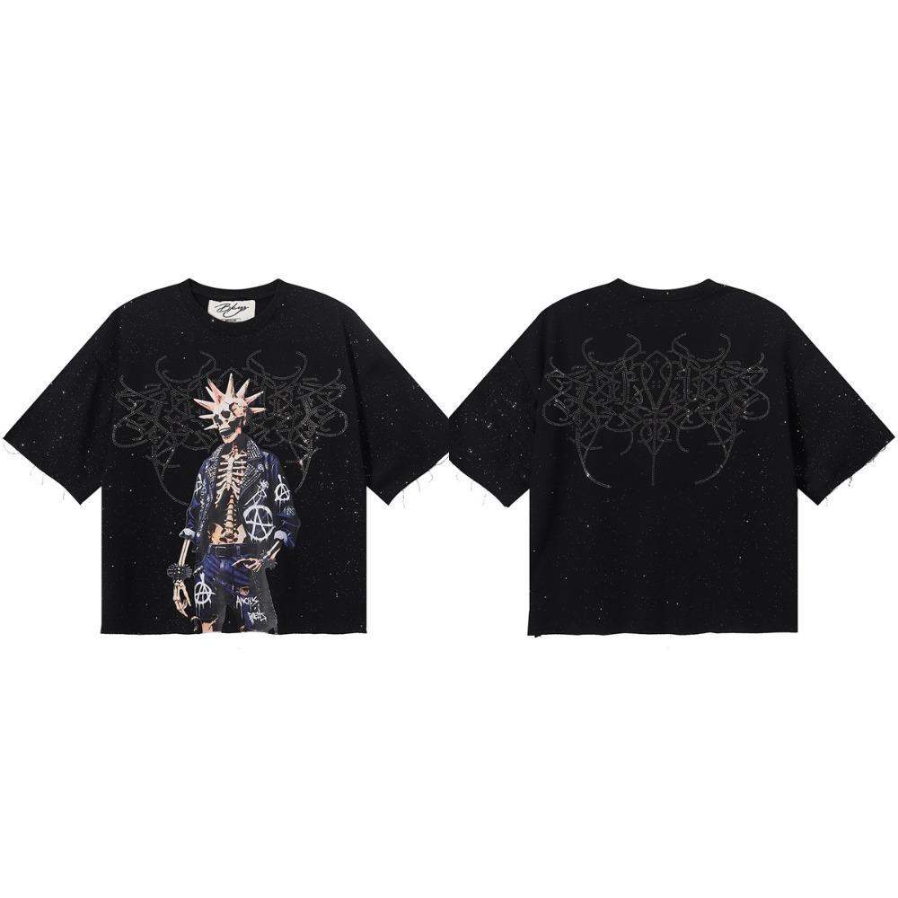 Vintage Washed Heavyweight BKYS Hip Hop T-Shirt, Bling Rhinestone & Hot Stamping Glitter Graphic, Retro Y2K Streetwear Loose Cotton Short Sleeve Tee for Men Women