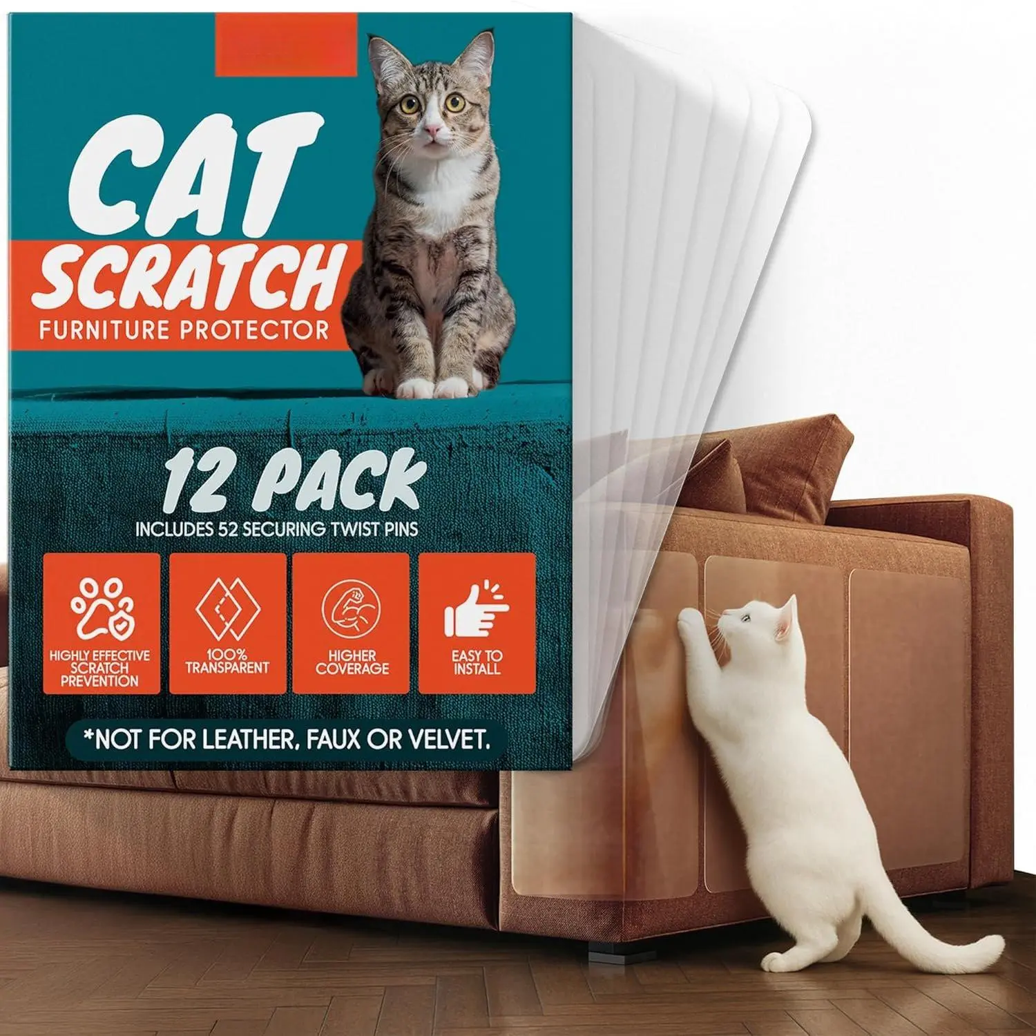Anti  Scratch Furniture Protector, 12-Pack Couch Protector from  Claws - Heavy-Duty, Easy-to-Apply  Deterrent and Shield for Sofa Corners, Walls, Doors- with 52 Twist Pins