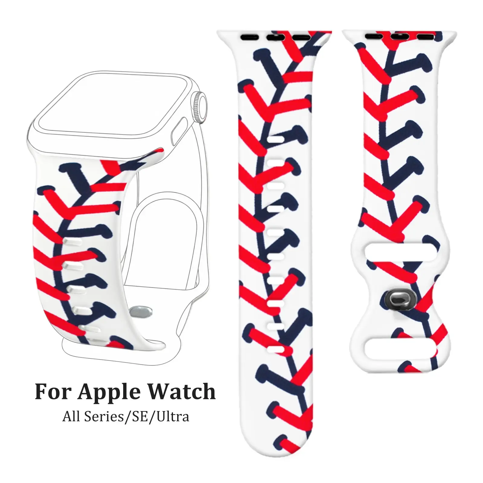 Baseball Stitch For Apple Watch Women Men, Soft Silicone Sweat Resistant Easy to Clean Sport Strap Compatible with Apple Watch Series 4/5/6/7/8/9/10, SE1/2, Ultra1/2/3, Athletic Style Wristband Gift Band for Sports Fans