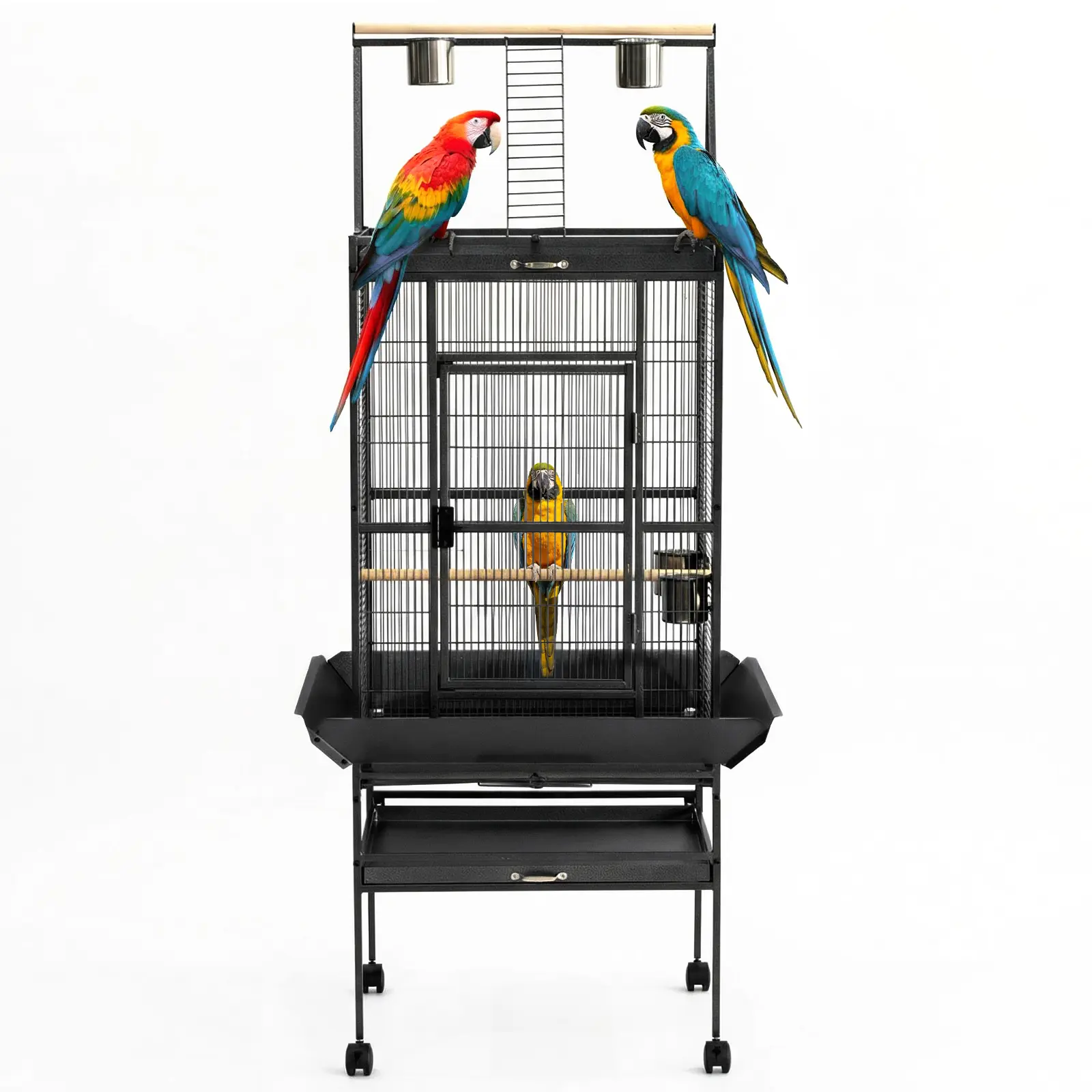 68"H Wrought Iron Rolling Bird Cage with Play Top, Rolling Base, 360° Casters, Easy Clean Spill Guard for Parakeets, Black