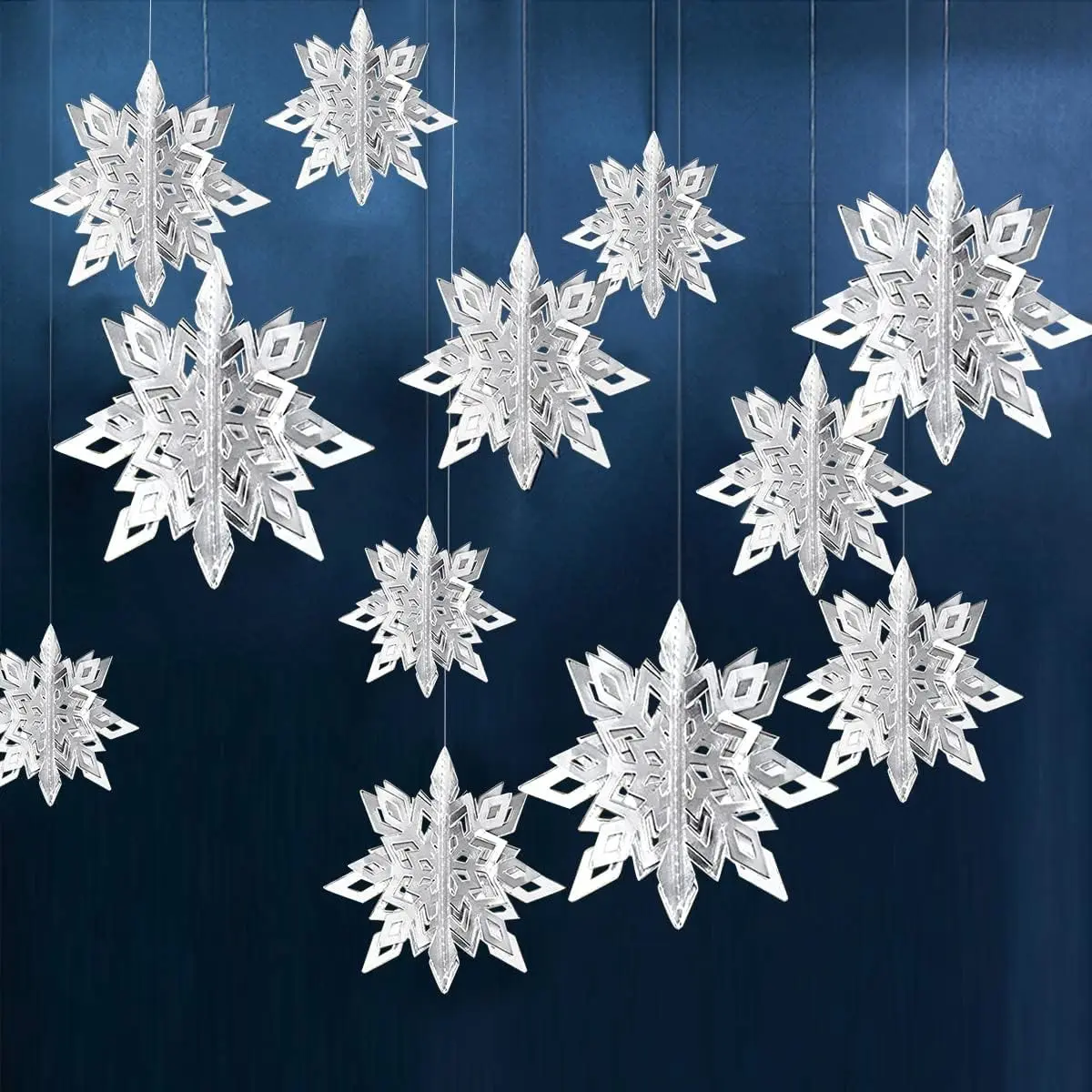 Winter Snowflake Hanging Decorations - 3D Large Silver Snowflakes Paper Hanging Garland for Christmas Winter Wonderland Holiday New Year Party Home Decoration 12PCS (Silver)