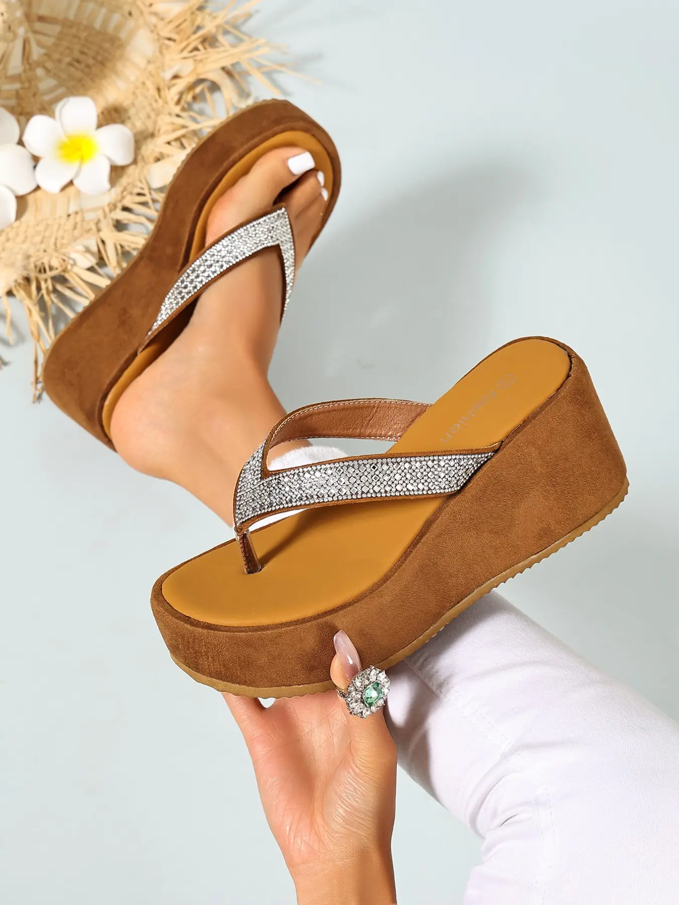 Women Rhinestone Strap Platform Flip Flops, Suede Wedge Heel Thong Sandals, Slip on Open Toe Summer Beach Vacation Slippers