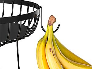 2 Tier Large Fruit Basket for Kitchen Counter with 2 Banana Hangers, Metal Stackable Fruit Bowl for Kitchen Counter for Bread Vegetable Fruits, Black