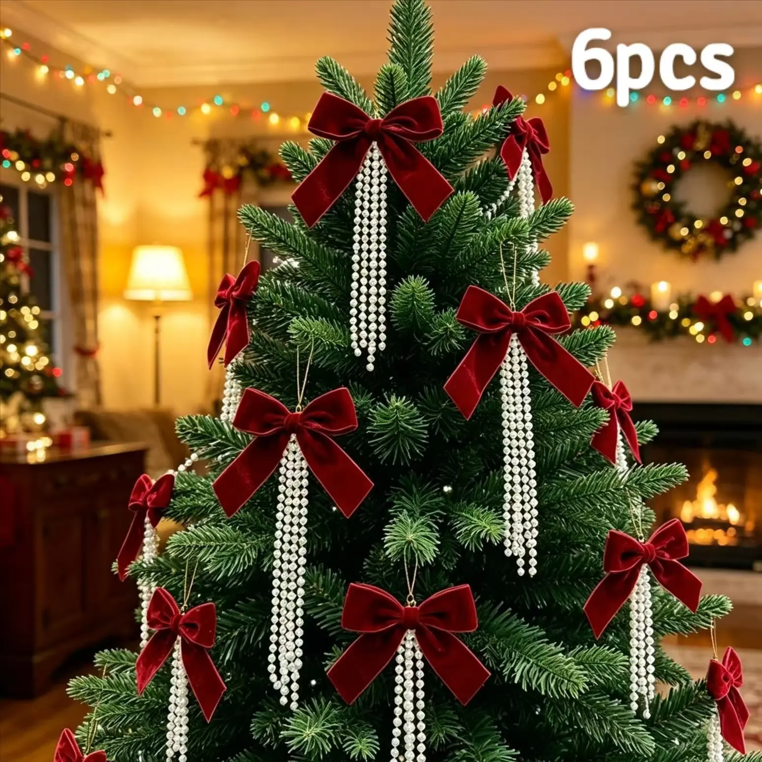 3D Velvet Bow Multi-Layer Pearl Tassel Ornament, Christmas Eve Decoration, Luxury Home Tree Window Display, 6-Piece Set