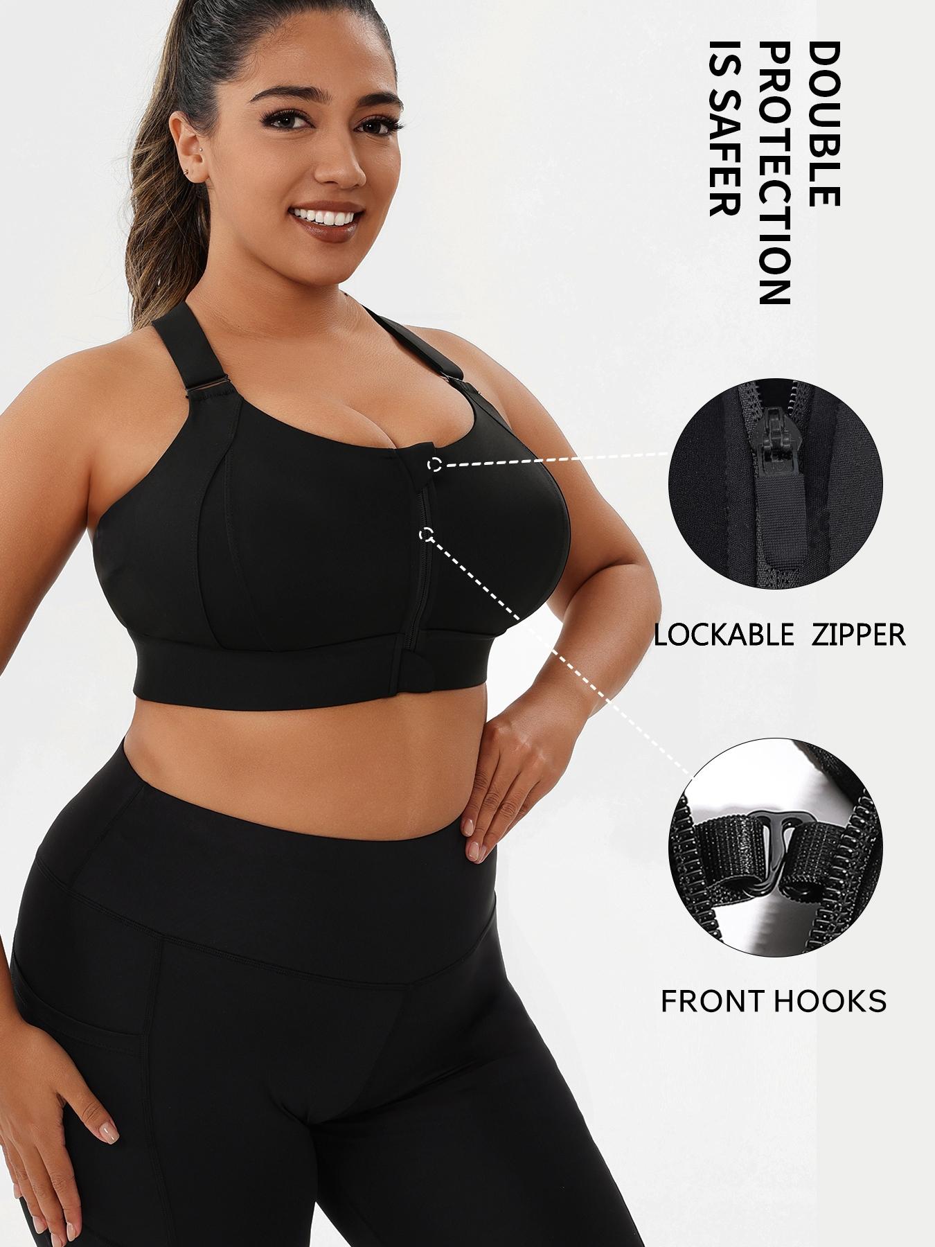【Plus Size】 Criss Cross Zipper Front Wireless Sports Bra, Solid Adjustable Strap High Stretch Yoga Bra, Women's Sport Clothing for Indoor Outdoor Wear