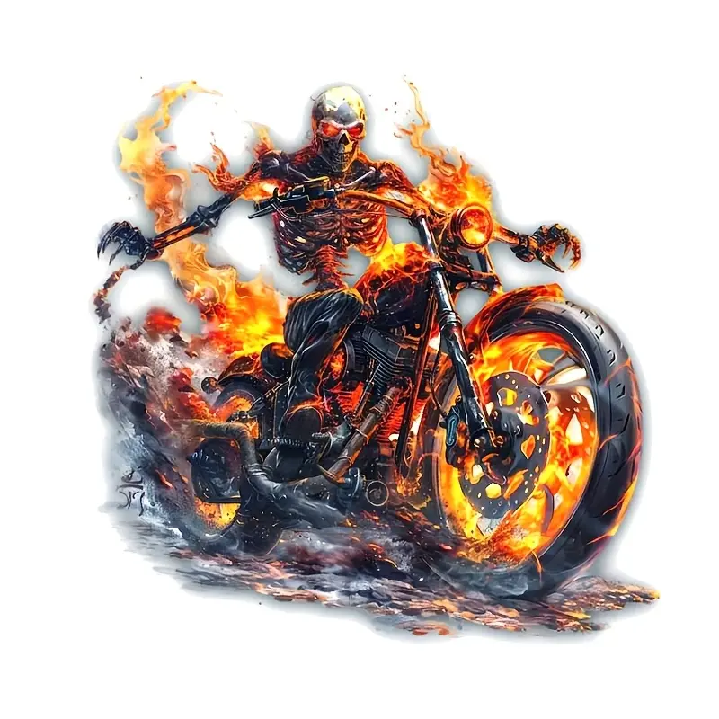 6" Edgy Skull Motorcycle Flame Design Sticker – Advanced Waterproof Vinyl Decal for Car, Laptop, Water Bottle, Truck, Phone, Motorcycle, Window, Wall, Cup, Durable, Great for Home, School, Office, Party