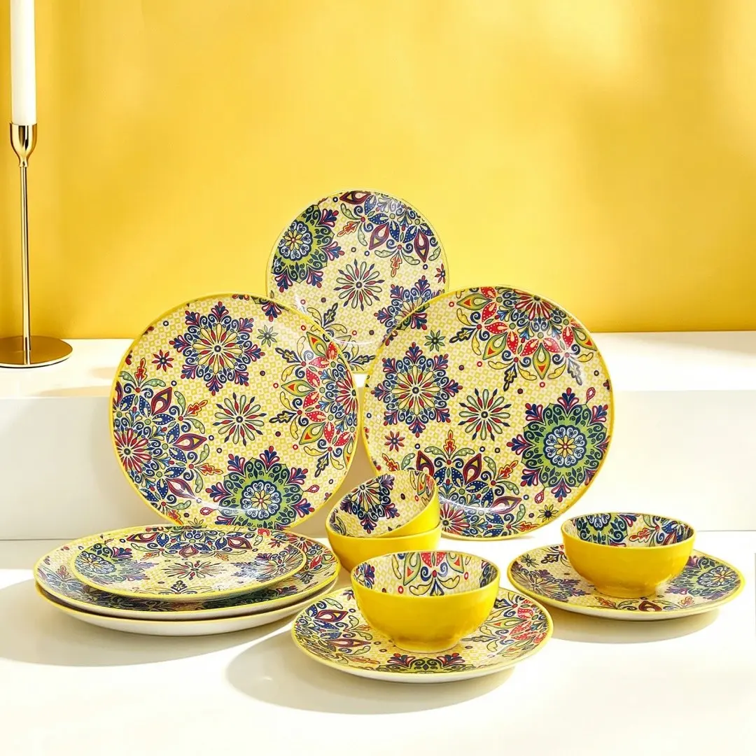 12-Piece Ceramic Dinnerware Set, Floral Pattern, Includes Bowls, Plates, 10-Inch Serving Dish, Oven & Microwave Safe, Home & Restaurant Use, Porcelain Dishes Set, Dish Sets, Dinner Service Set