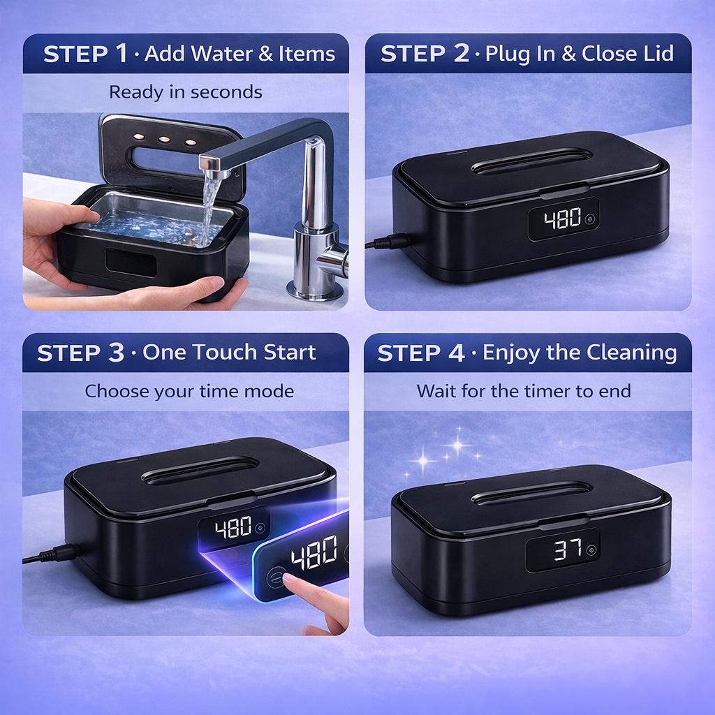 Ultrasonic Jewelry Cleaner with UV Sterilizer, Portable 360° Deep Cleaning Sonic Washer Machine, Plug-In Adapter Powered for Rings, Necklaces, Earrings, Watches, Eyeglasses, Retainers & Dentures