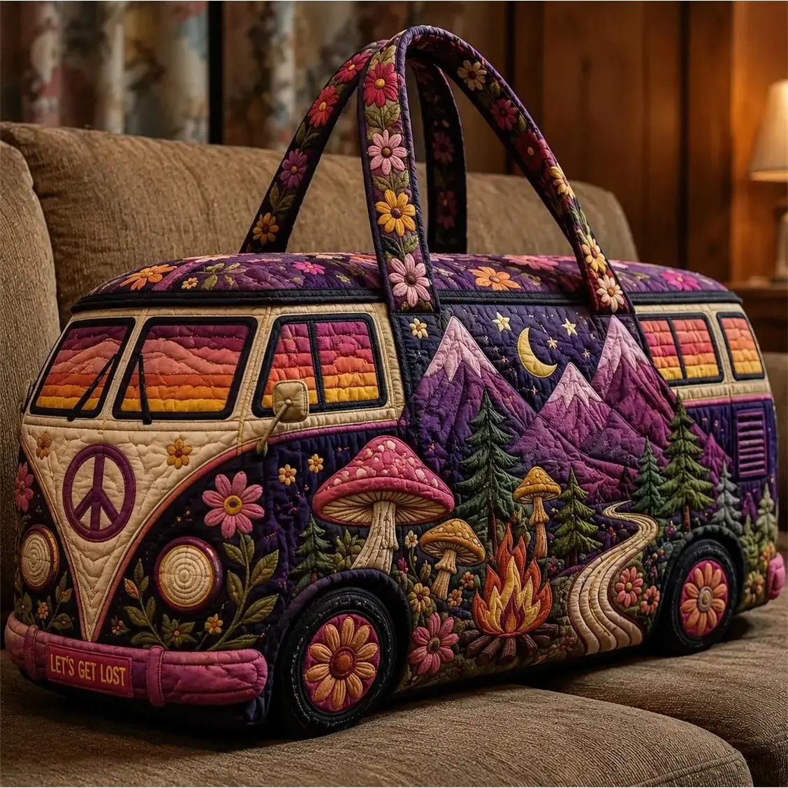 Quilted Duffel Bag for Women, Boho Hippie Van & Mountain Print, Large Capacity Overnight Weekender for Travel & Gym, Travel Bag