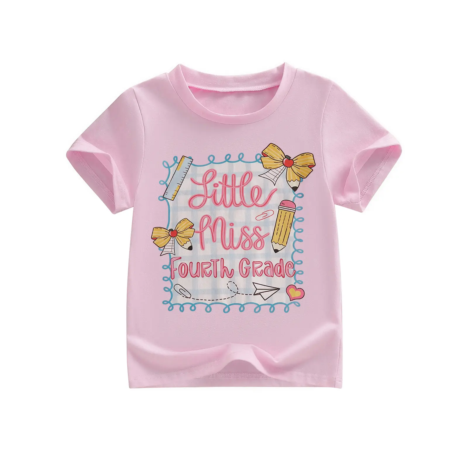 Babamoon Kids Toddler Little Girl Crew Neck Short Sleeve Tee, Casual Tops with Letter-Pencil-Bow Graphic, Back-to-School Summer Clothing for 4-11T