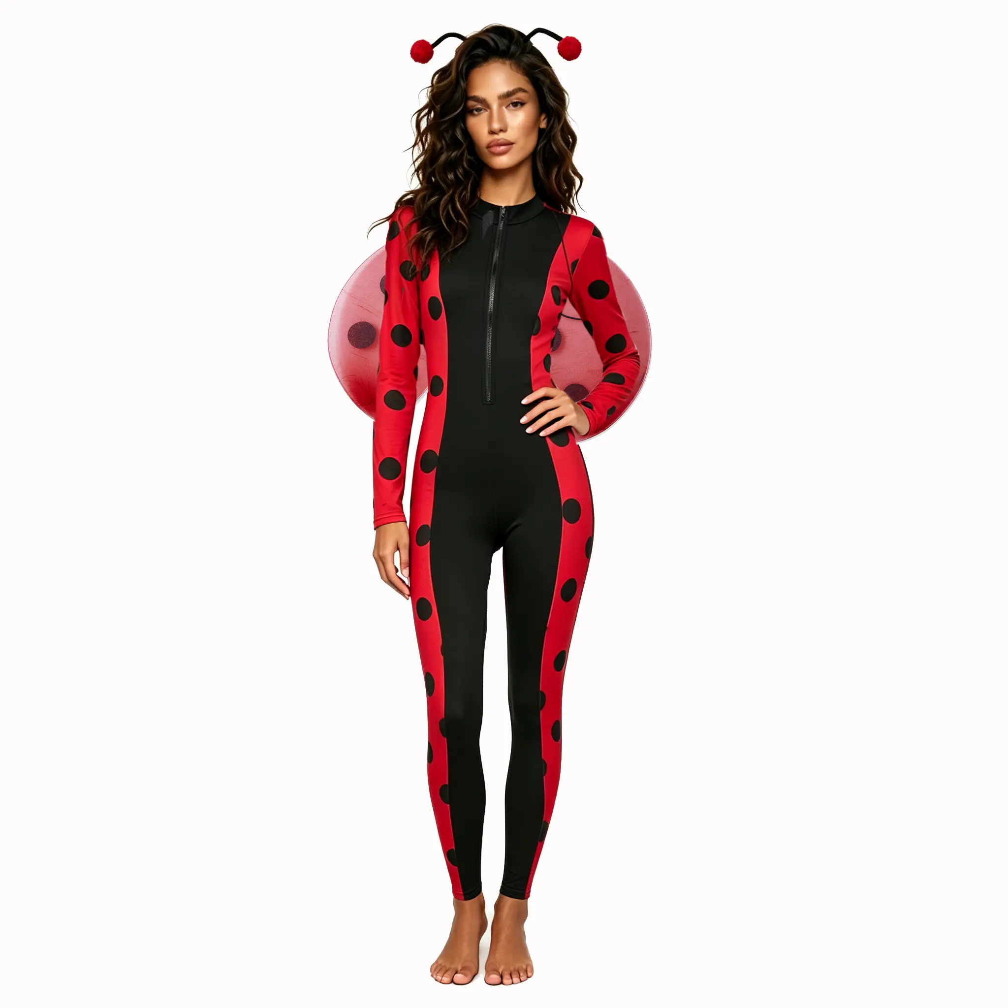 Cute Y2K Flattering Cosplay Bodysuit Set Zip Front Long Sleeve Polka Dot Stretchy Fabric with Wings and Antenna Headband Halloween Party for Women
