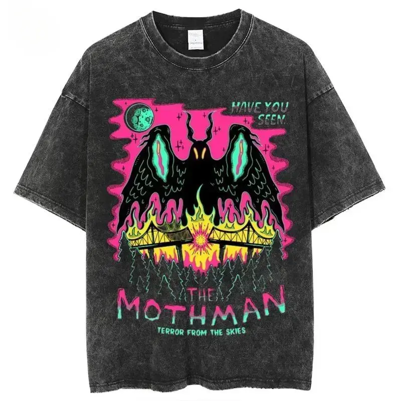 You See The Mothman Graphic Tee, Unisex Retro Washed Short Sleeve T-Shirt, Halloween Casual Printed Top for Men & Women