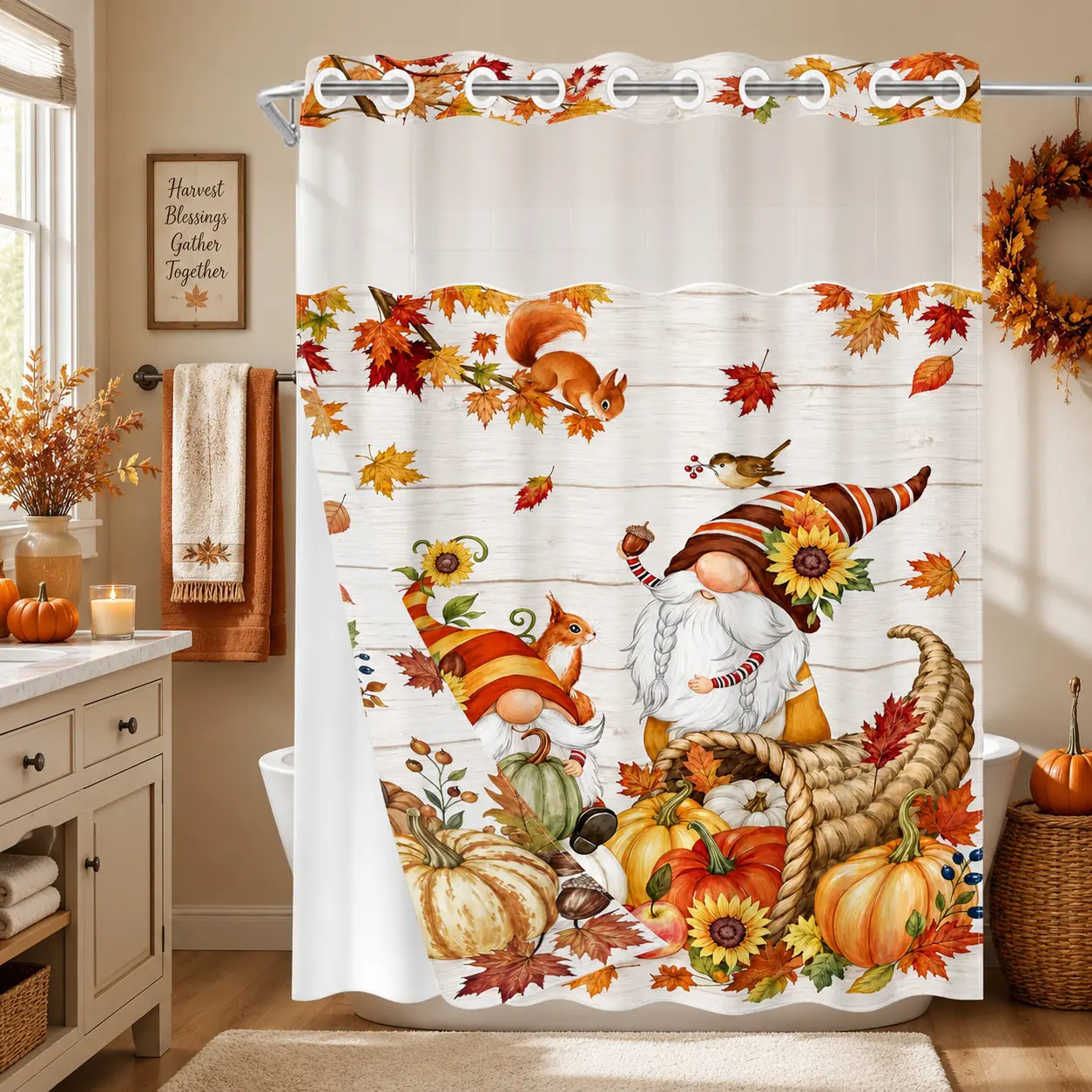 1PC 2D Flat Autumn Gnome, Cornucopia, Pumpkin, Sunflower, Maple Leaf Pattern Double-Layer Woven Shower Curtain And Liner, No Hooks, Transparent Top Window, Farmhouse Bathroom Art Decor, Thanksgiving & Holiday Decoration