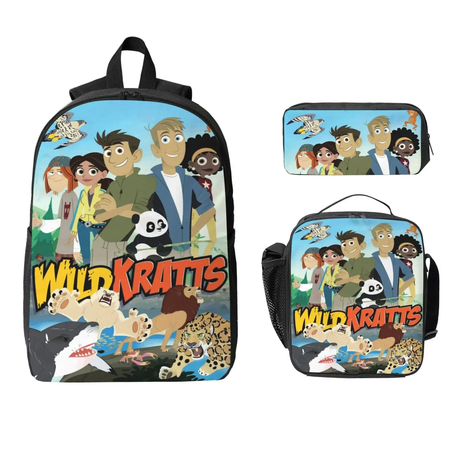 3 Piece High Capacity Bookbag Wild Cartoon Kratts Backpack Set Travel Knapsack with Lunch Box Pencil Case