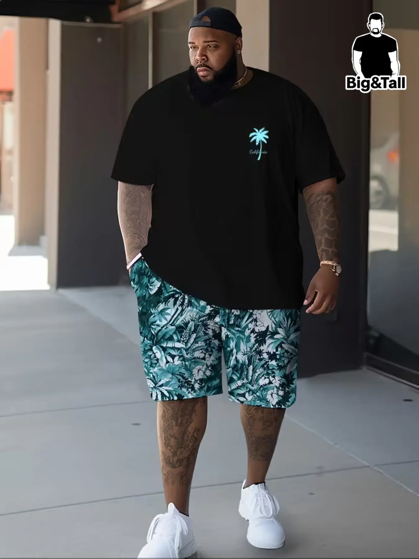 Men's Hawaiian Tropical Coconut Tree Print Big Size Oversized T-Shirt Shorts Set, Outfit, Casual Menswear, Clothes, Comfortable Daily Wear, Loose Fit, Short Sleeve, Round Neck, All Seasons, Crewneck, Outfit Sets