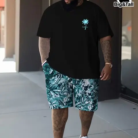Men's Hawaiian Tropical Coconut Tree Print Big Size Oversized T-Shirt Shorts Set, Outfit, Casual Menswear, Clothes, Comfortable Daily Wear, Loose Fit, Short Sleeve, Round Neck, All Seasons, Crewneck, Outfit Sets