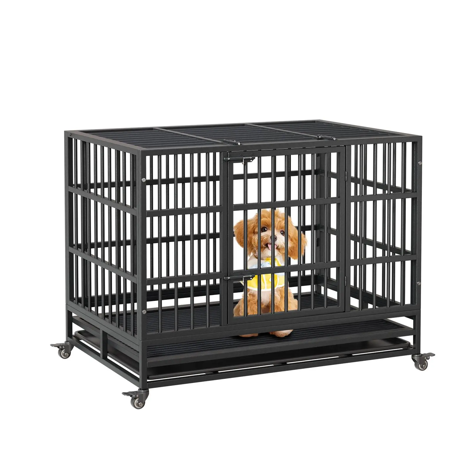 Heavy Duty Indestructible Dog Crate, Escape Proof Dog Cage with Double Door, Wheels & Removable Tray, Collapsible Dog Crates for Small Medium Large Dogs