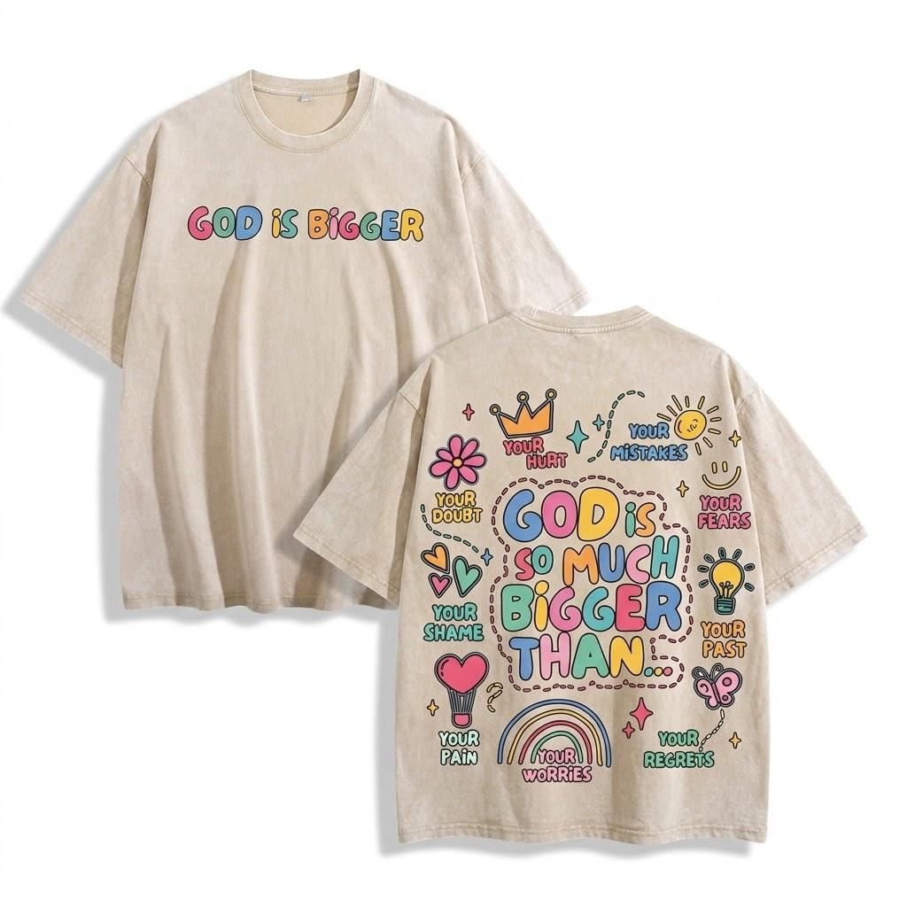 God is bigger oversized vintage acid wash graphic tee christian streetwear faith based apparel mental health awareness positive affirmation healing heavyweight y2k retro aesthetic trendy summer outfits unisex viral fashion top