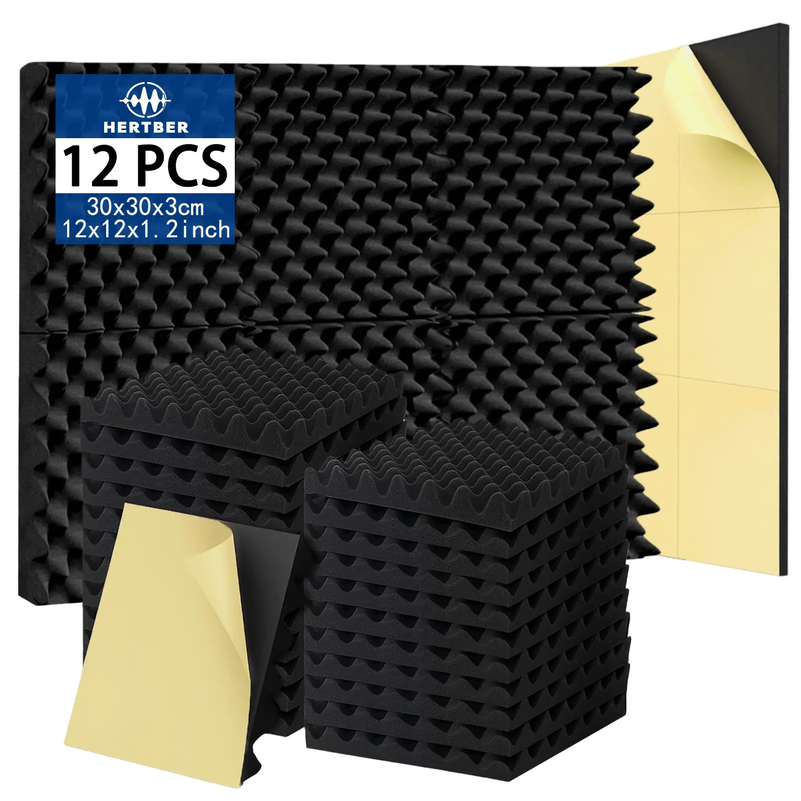 12pcs self-adhesive Backing high-density eggshell acoustic foam, 30*30*3cm soundproof wallboard, Acoustic panels, suitable for noise reduction in recording room, home studio, game room and bedroom, convenient for installation