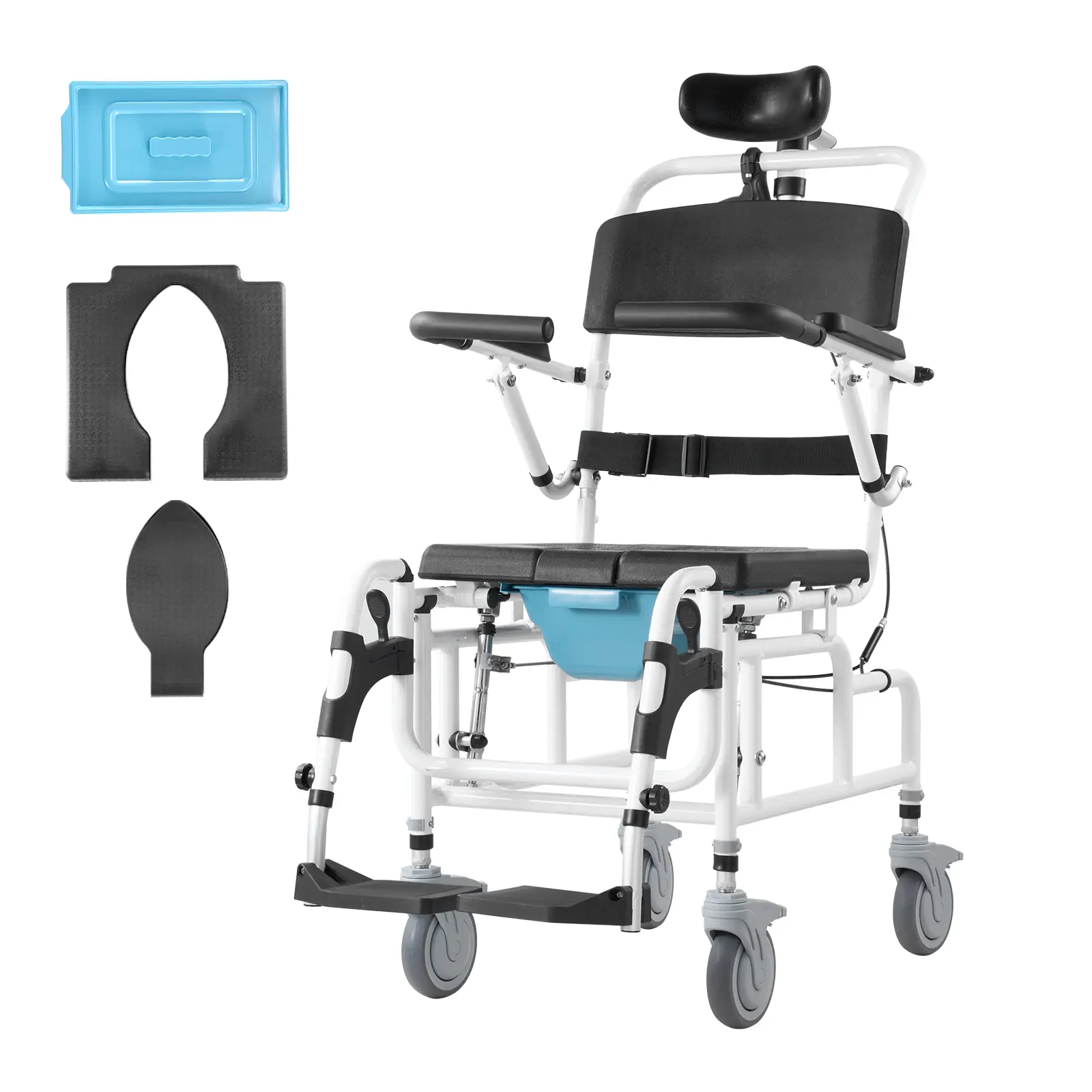 Shower Wheelchair, 17.5in Width Aluminum Alloy Bathroom Wheelchair for Inside Shower, Adjustable Rolling Shower Chair w/ Brake for Disabled Adult, 300 lbs Capacity Shower Transport Chair