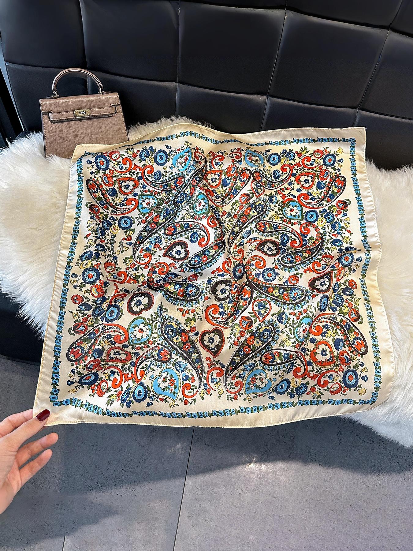 1pc Bandana Style Paisley Print Neckerchief, Faux Silk Square Headscarves For Women, Boho Style Scarf, Fashion Scarf For Daily Use, Floral Print Scarf