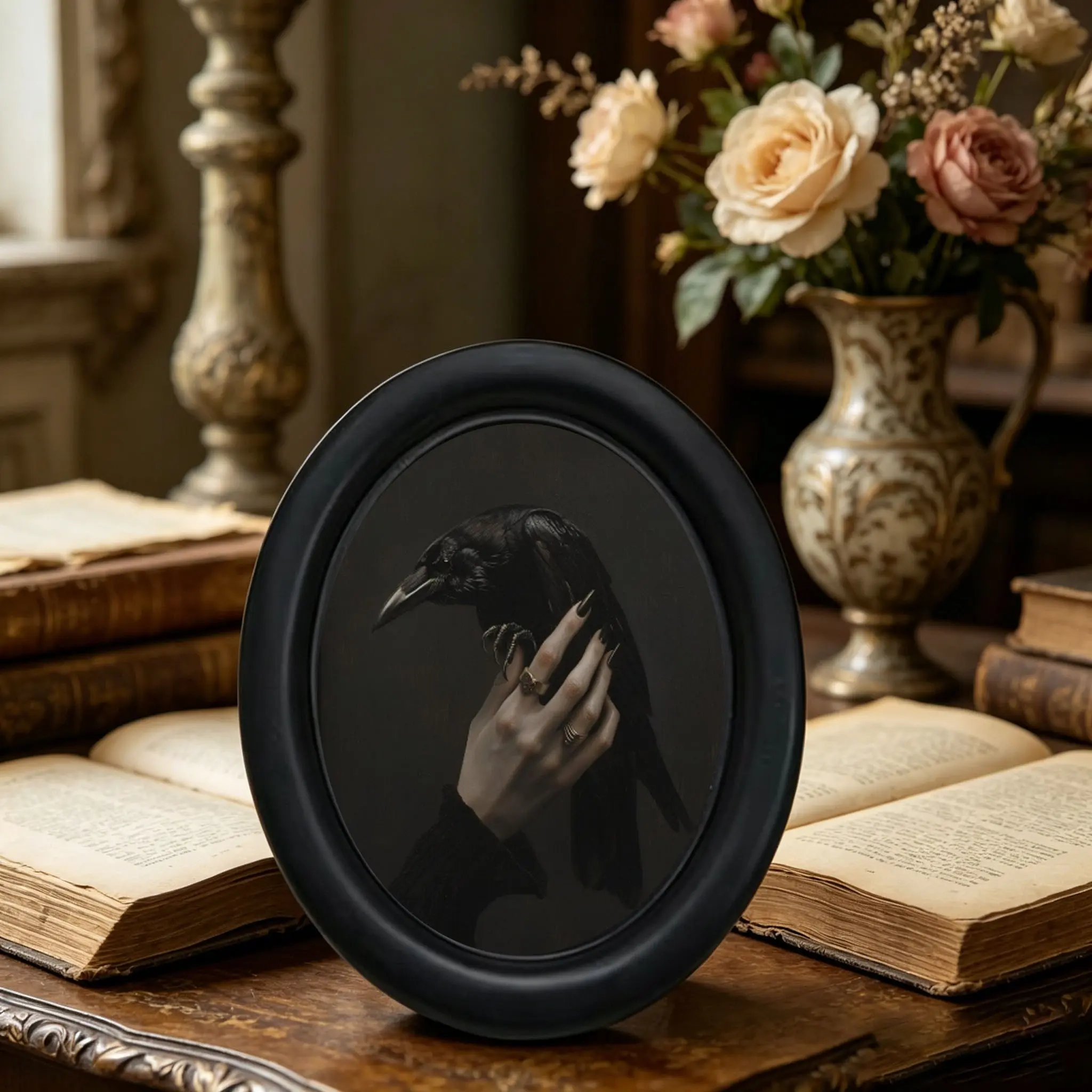 Dark Color Base Ring with Raven, Vintage Realistic Texture Crow Portrait Oval Frame, Halloween Gothic Style Desk Decor, Luxury Retro Wood Oval Photo Frame, Vintage Picture Frames, Wooden Frame